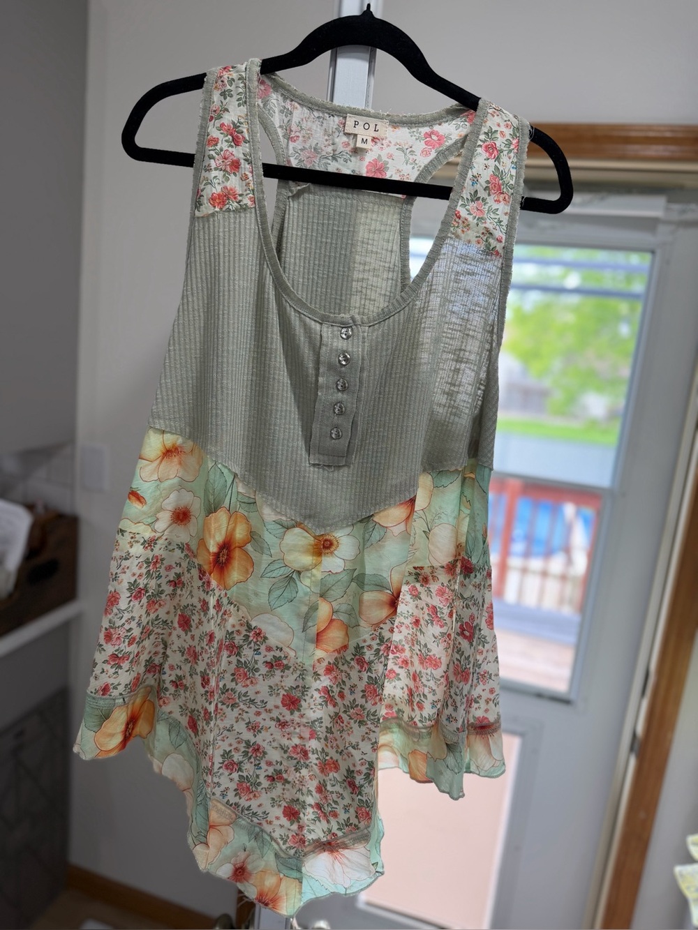 POL Sage Green Floral Patchwork Scoop Tank